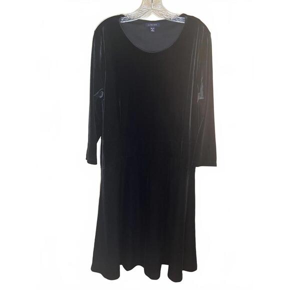 Lands' End Black Velvet 3/4 Sleeve Fit and Flare Midi Dress XL - Picture 1 of 5